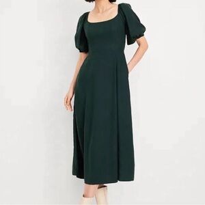 Old Navy Dark Green Midi Dress with Puff Sleeves